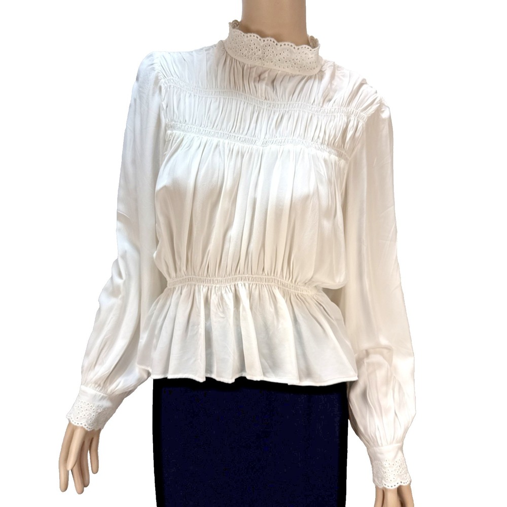 & Other Stories High Neck‎ Long Puff Sleeve Blouse Size 6 Soft White Victorian